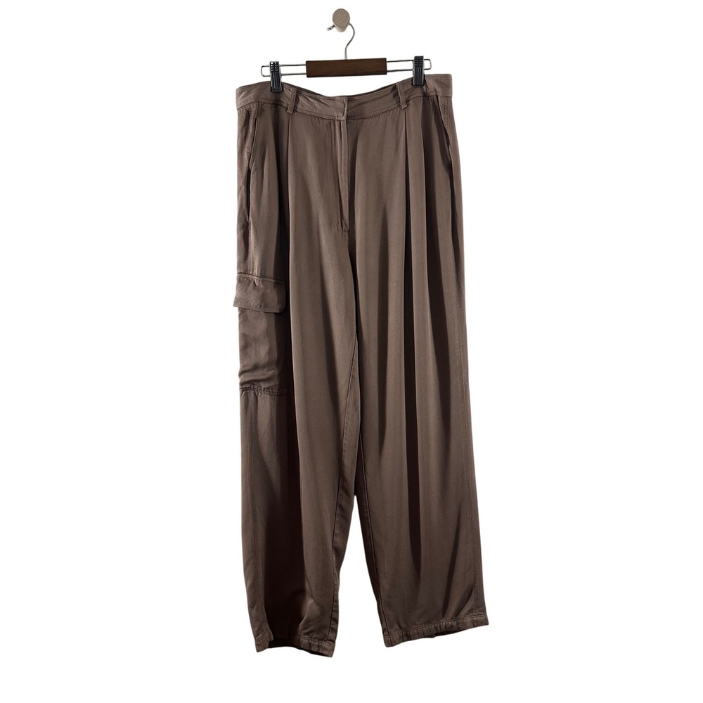 Nordstrom Women's Brown Pleated Wide Leg Twill Cargo Pants High Rise‎ Size 10